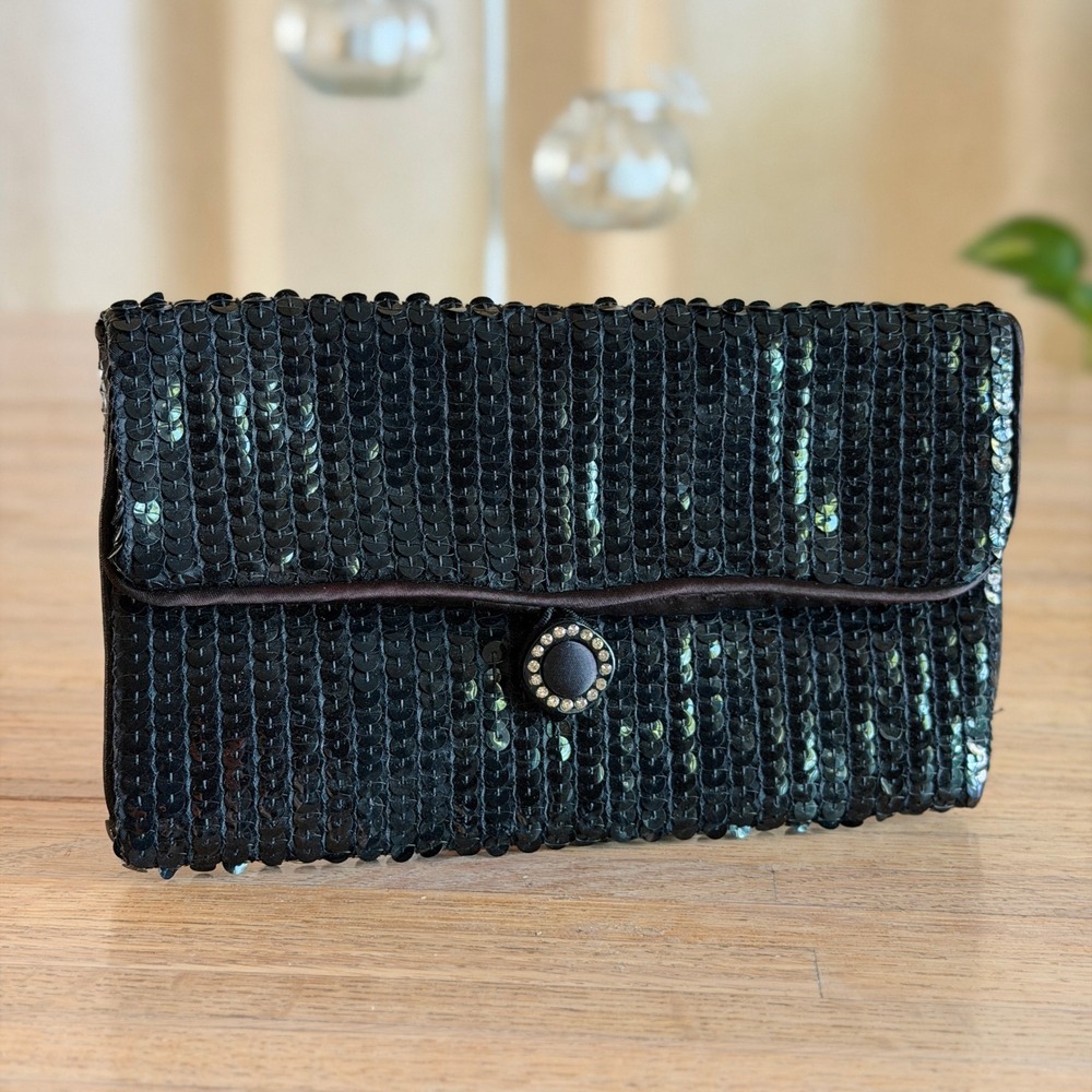 Vtg 70s Norell Black Sequin Envelope Clutch Bag Rhinestone Button Evening Purse